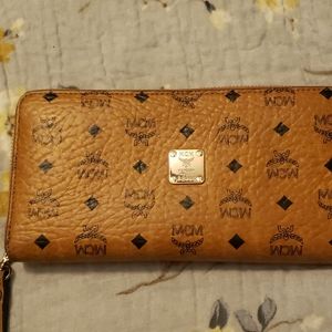 Cognac mcm zip around leather wallet